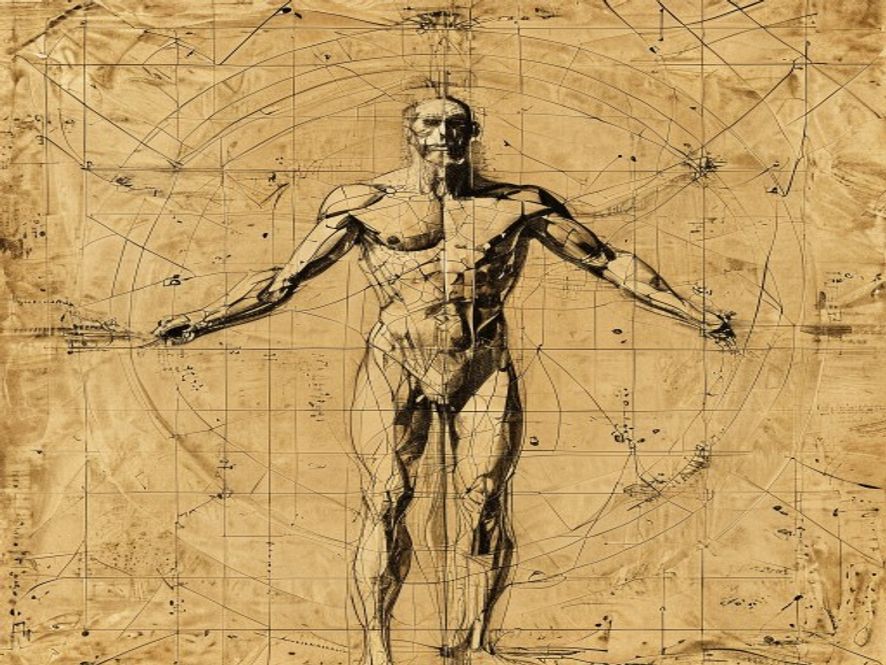 Vitruvian Man overlaid with golden ratio spirals revealing true pi